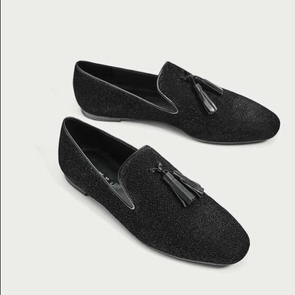 Zara Shoes - NWOT Zara Black Shimmery Flat Loafers with Tassels